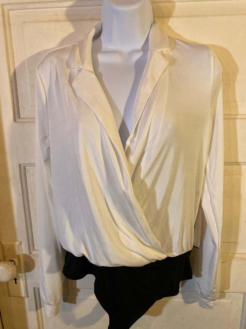 Blashe Long Sleeve Draped Wrap Front Collared Bodysuit